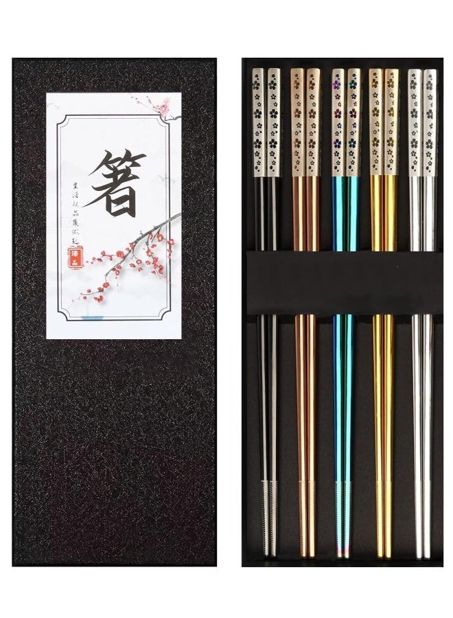 Stainless Steel Chopsticks Colorful Reusable Chopsticks Dishwasher Safe Metal Chopsticks Square Lightweight Chop Sticks Gift Set 5 Pairs